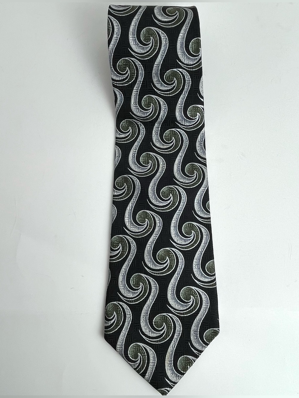 100% Silk Tie •Black w/Olive Green & Silver Swirls 56"x3.9" by Boston Traders